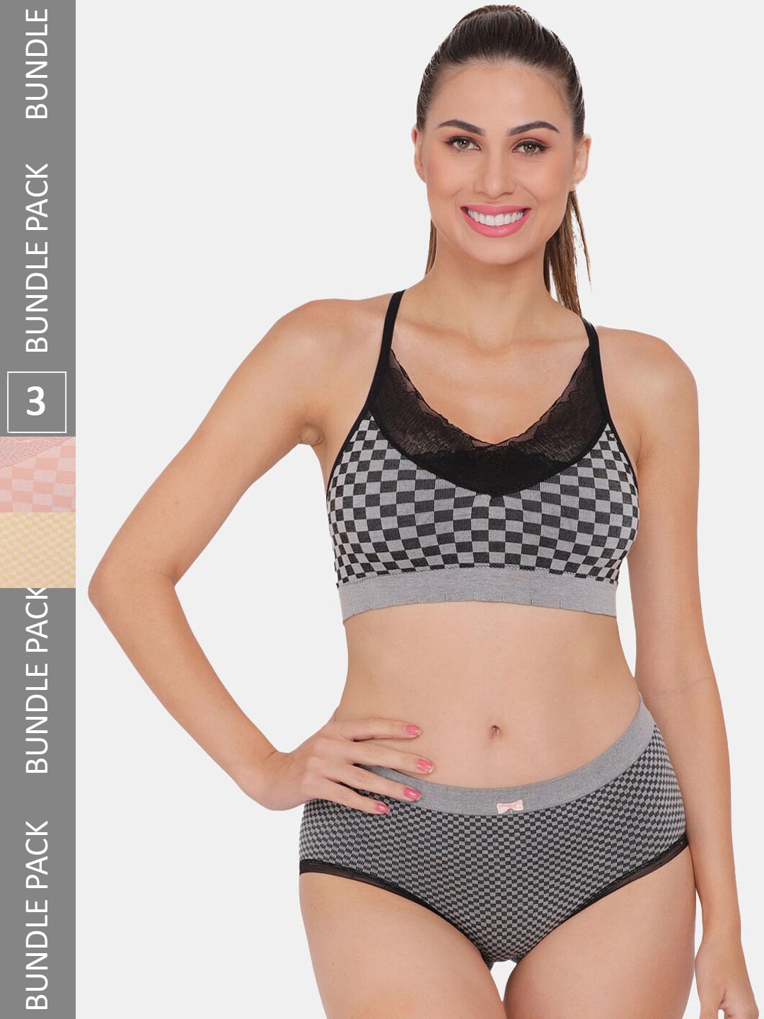 

Amour Secret Pack Of 3 Printed Sports Lightly Padded Bra & Panty, Black