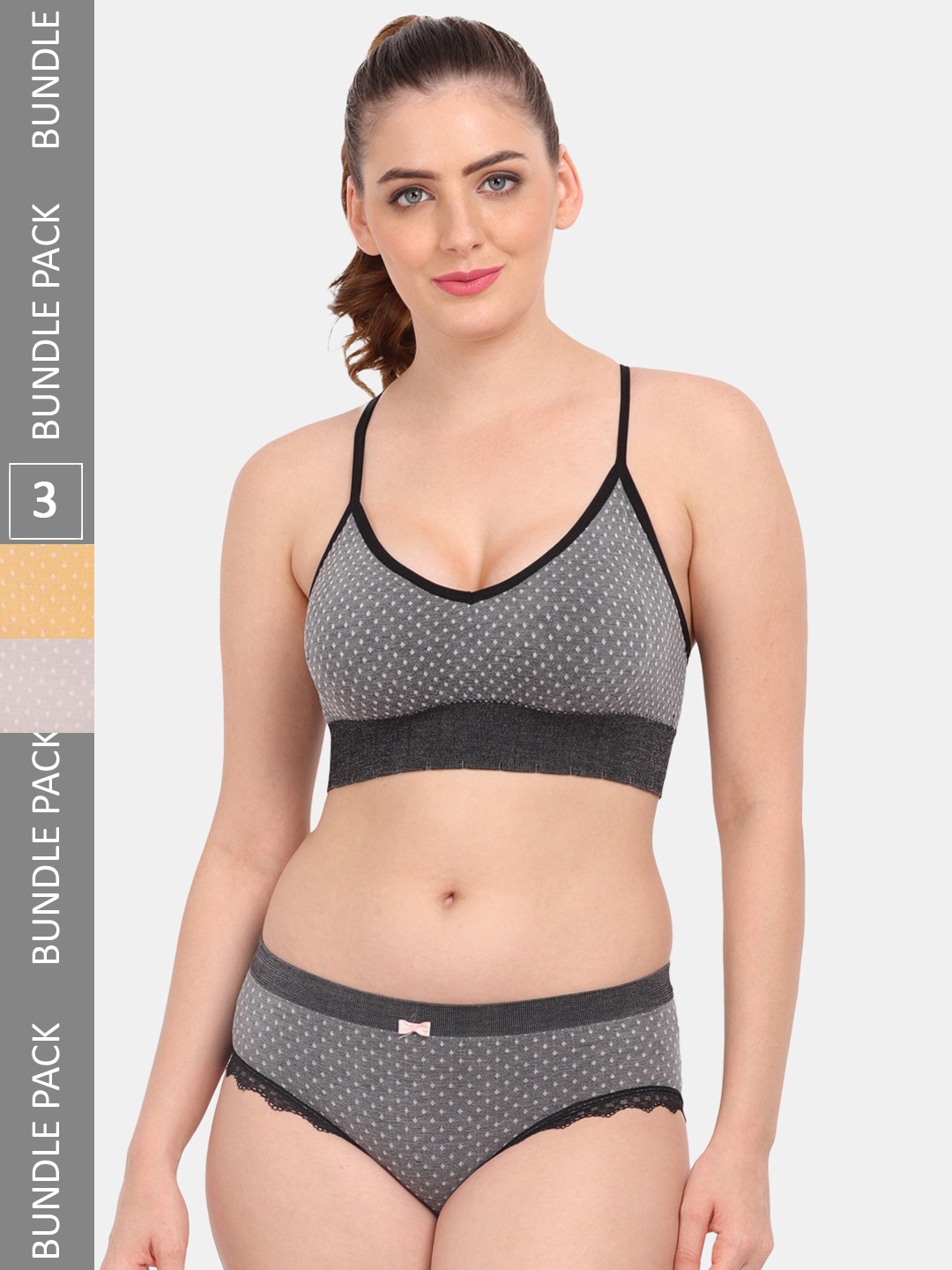 

Amour Secret Pack Of 3 Lightly Padded Lingerie SetS3643_Blk_Lgry_Ylw, Black