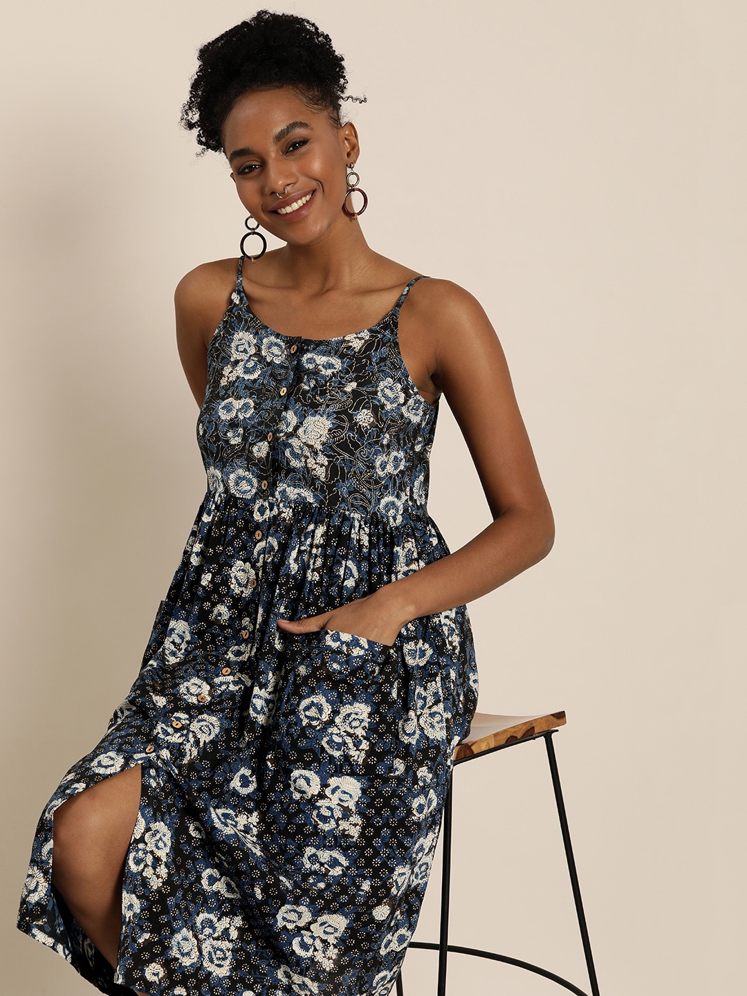 

Taavi Indigo Soiree Floral Printed A-Line Dress, Blue
