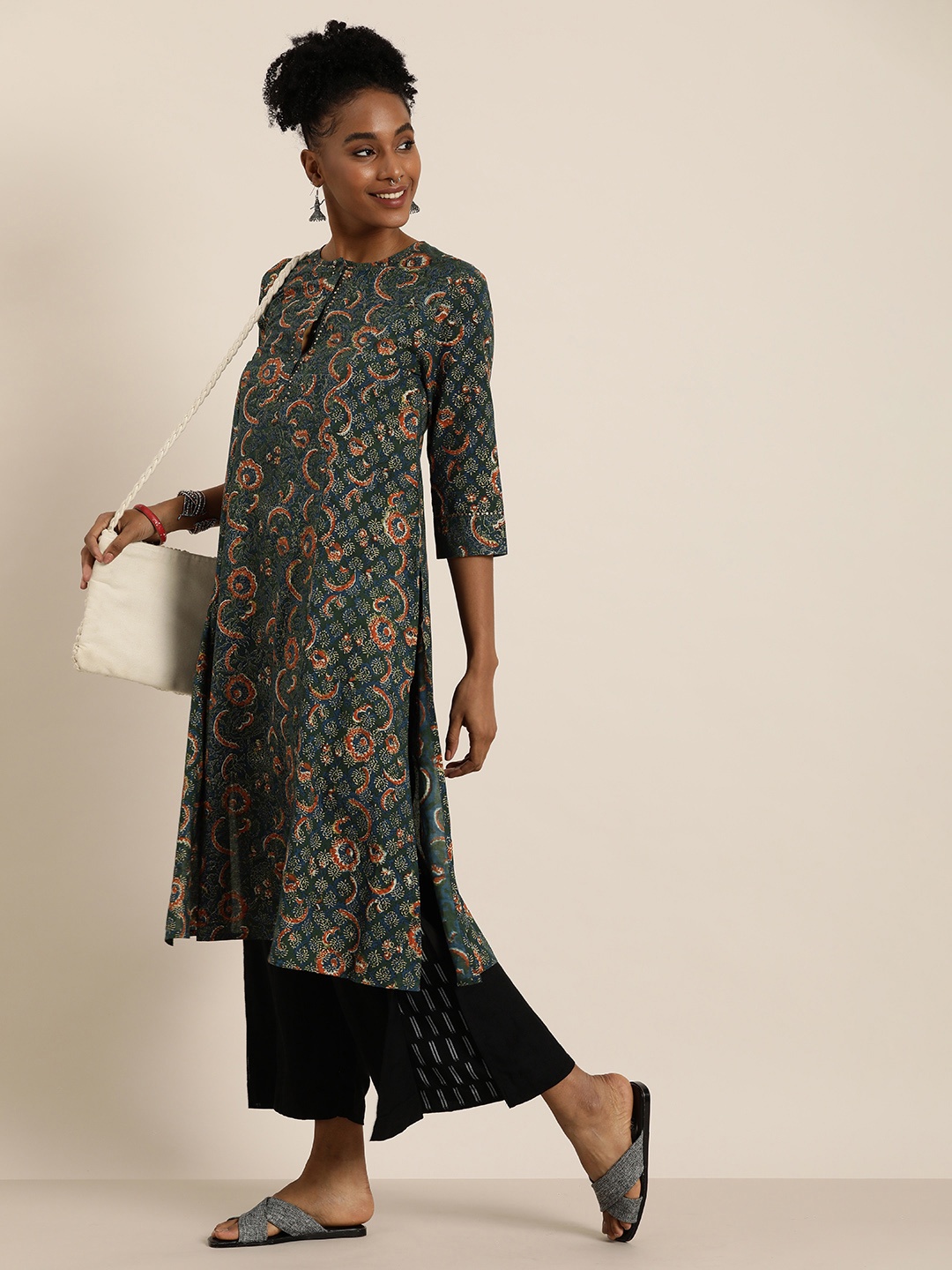

Taavi Ethnic Motifs Printed Pure Cotton A-Line Indigo Hand Block Print Kurta, Green