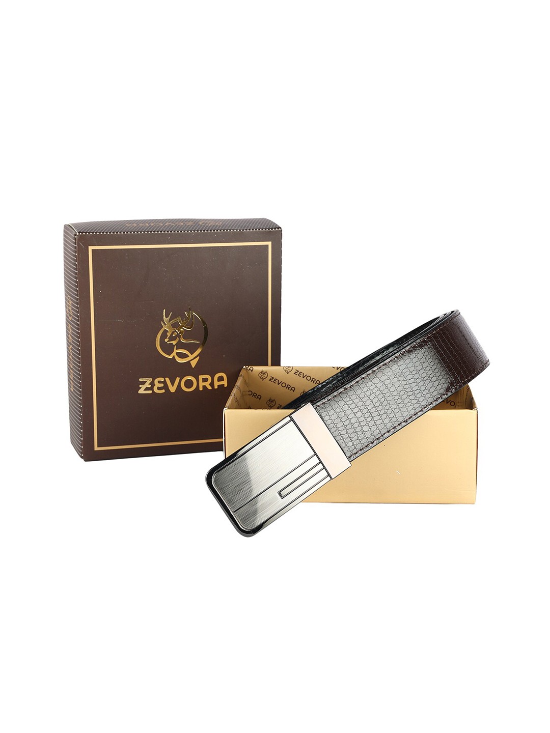 

ZEVORA Men Textured Leather Reversible Belt, Brown