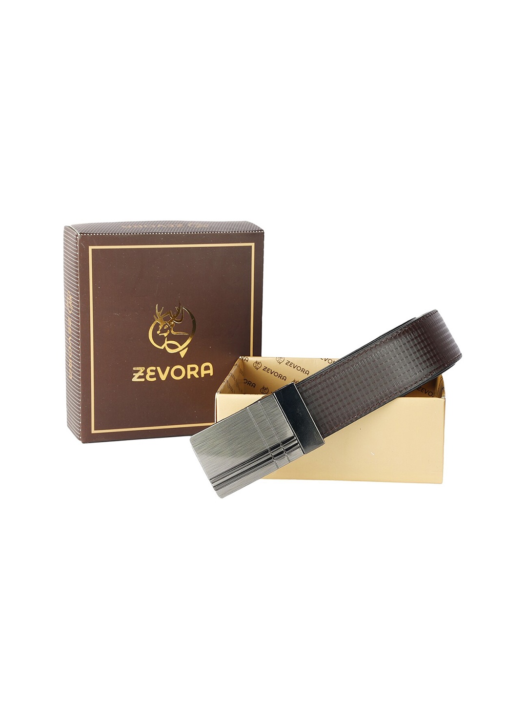 

ZEVORA Men Textured Leather Reversible Belt, Brown