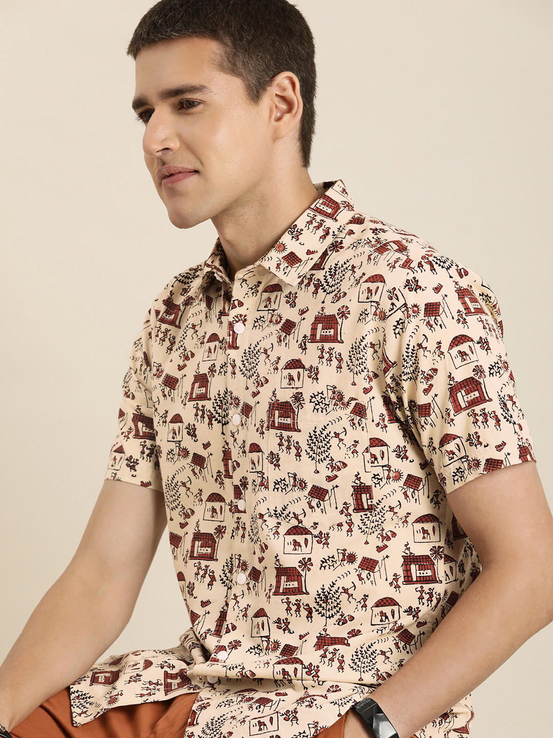 

Taavi Men Bagru Pure Cotton Tribal Printed Casual Shirt, Beige