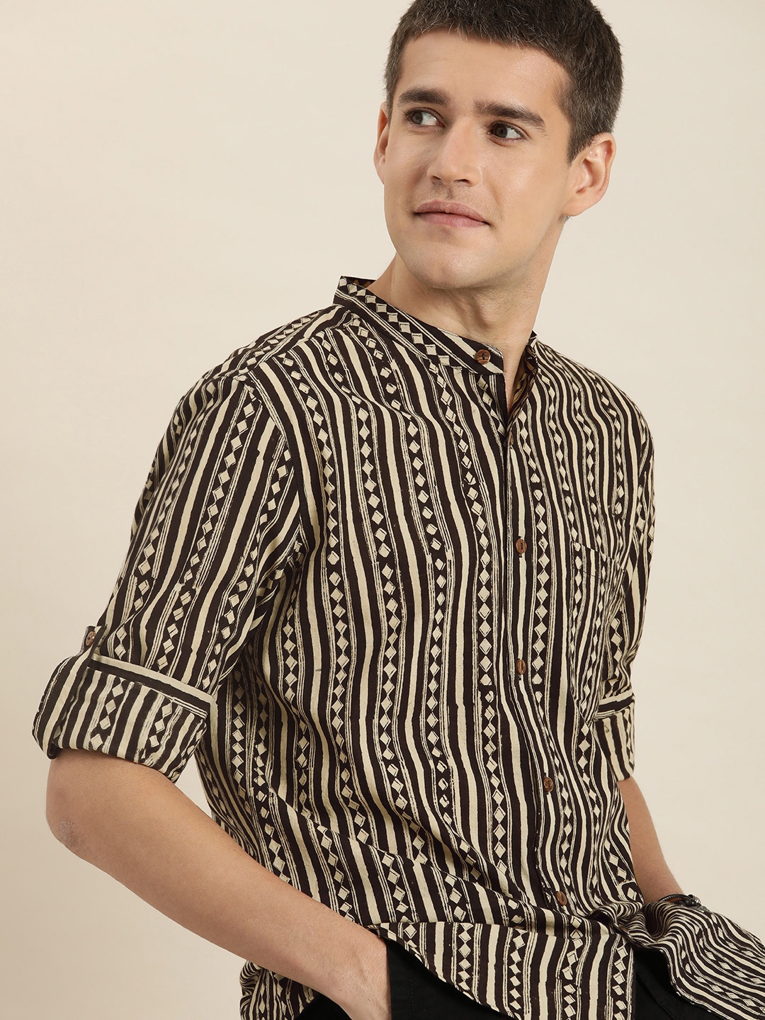 

Taavi Men Bagru Striped Band Collar Casual Shirt, Cream