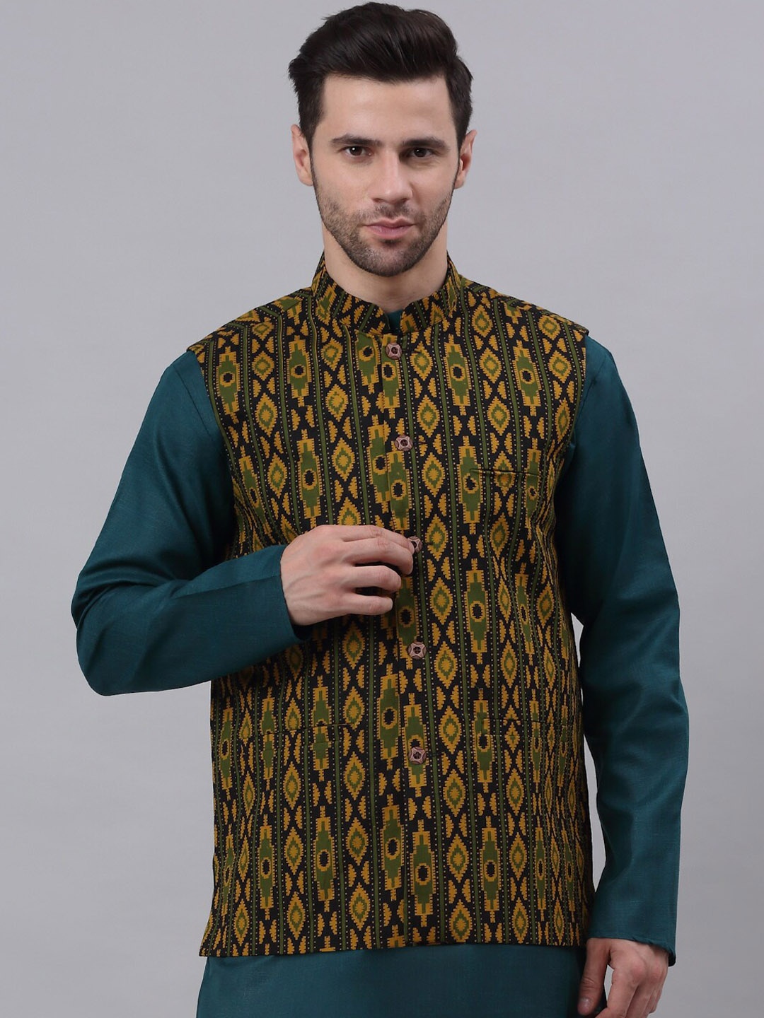 

NEUDIS Men Printed Cotton Nehru Jacket, Mustard