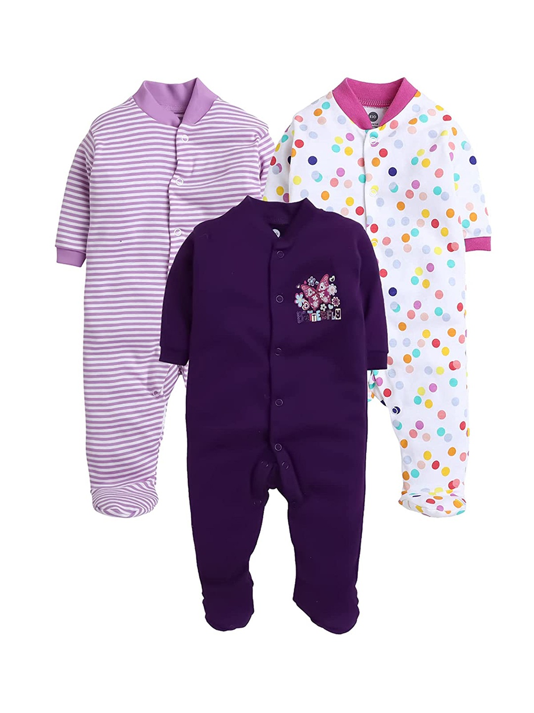 

EIO Infant Kids Pack Of 3 Printed Cotton Sleepsuits, Purple