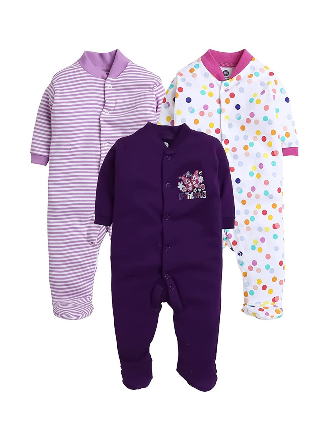 

EIO Infant Kids Pack Of 3 Printed Cotton Sleepsuits, Purple