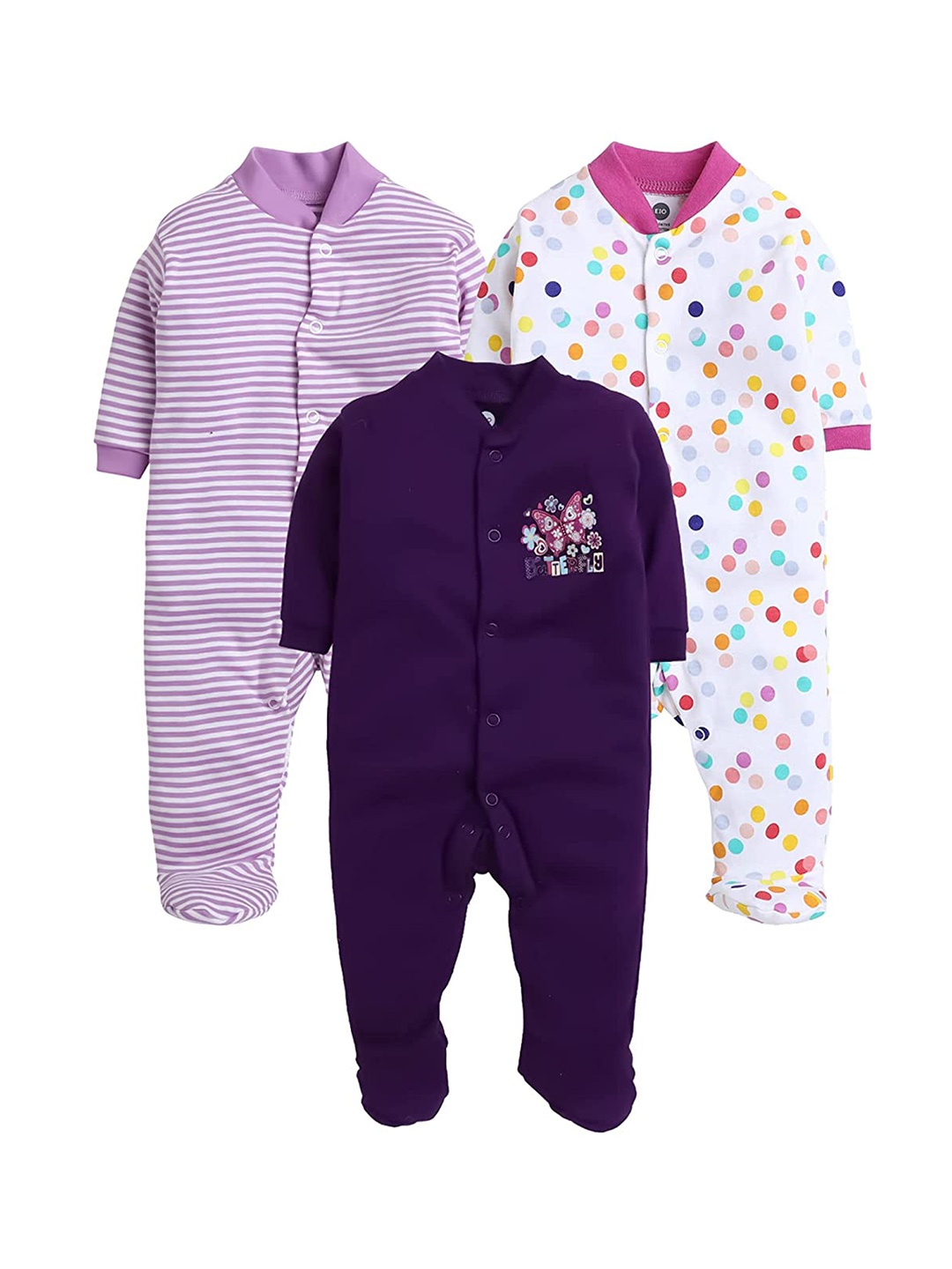 

EIO Infant Kids Pack Of 3 Printed Cotton Sleepsuits, Purple