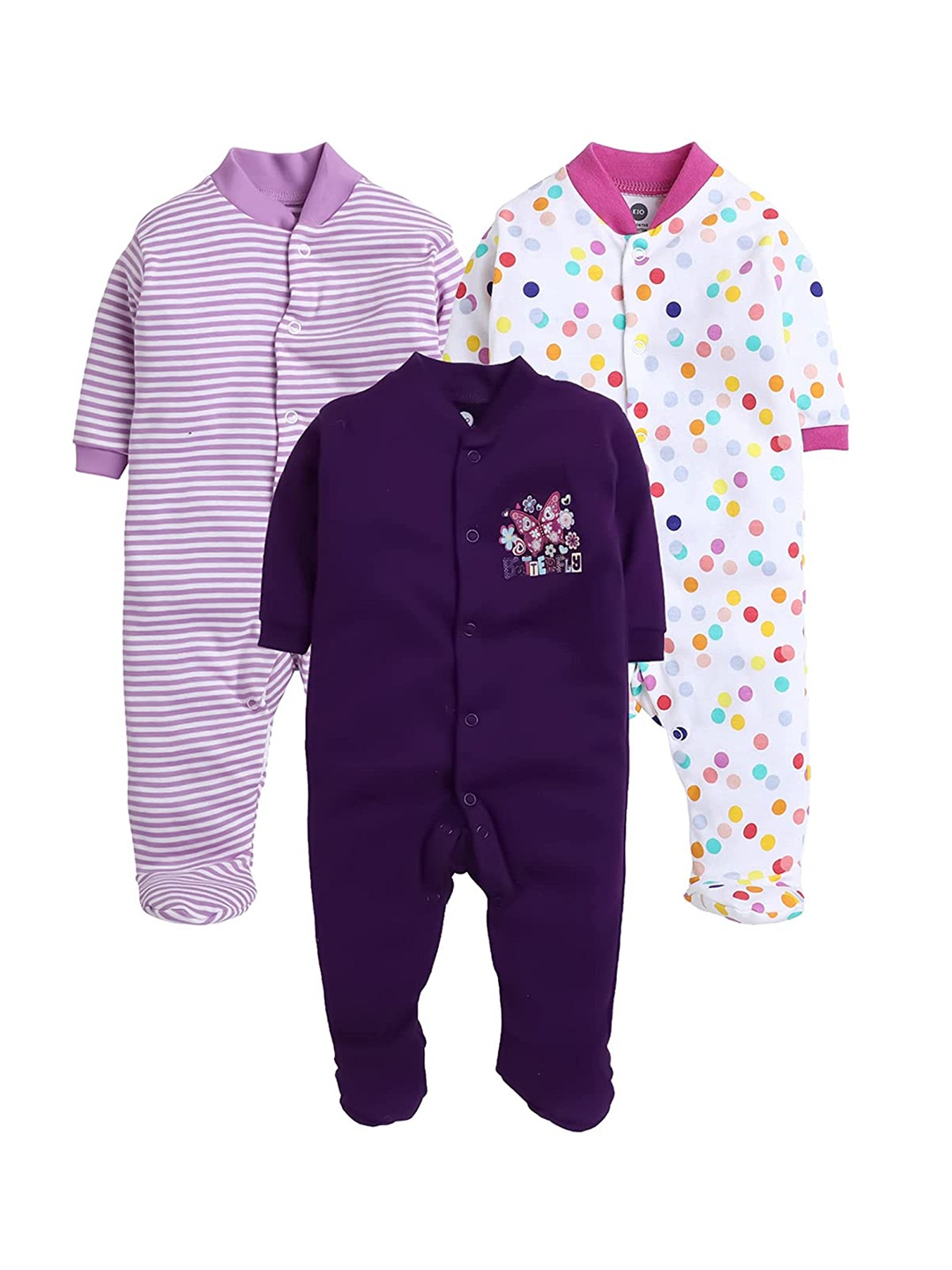 

EIO Infant Kids Pack Of 3 Printed Cotton Sleepsuits, Purple