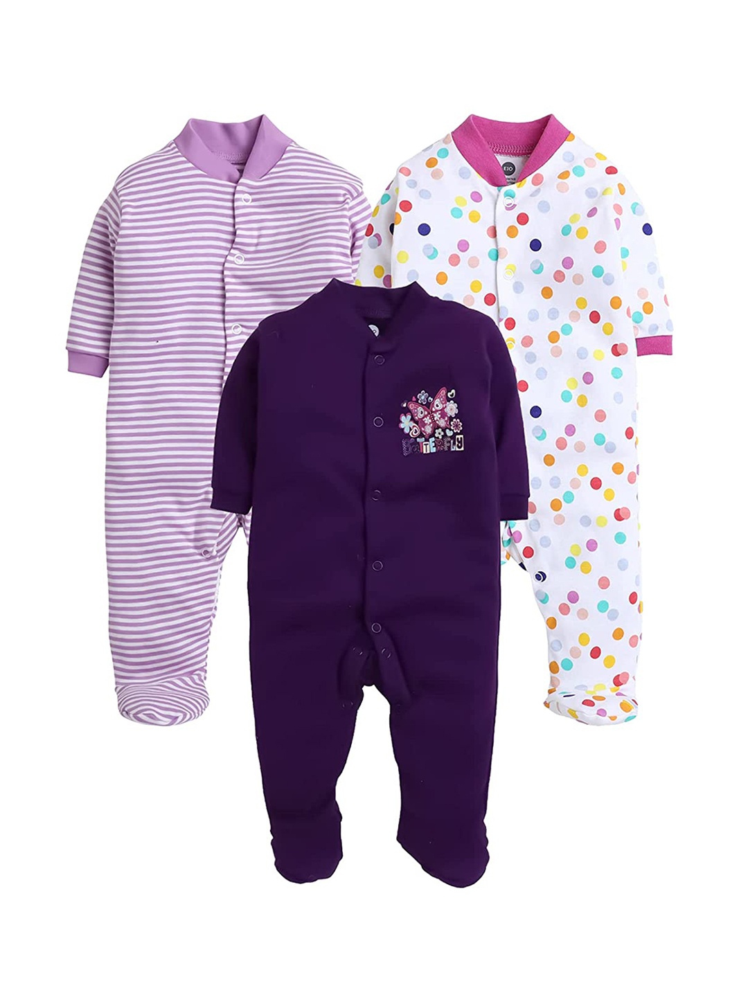 

EIO Infant Kids Pack Of 3 Printed Cotton Sleepsuits, Purple
