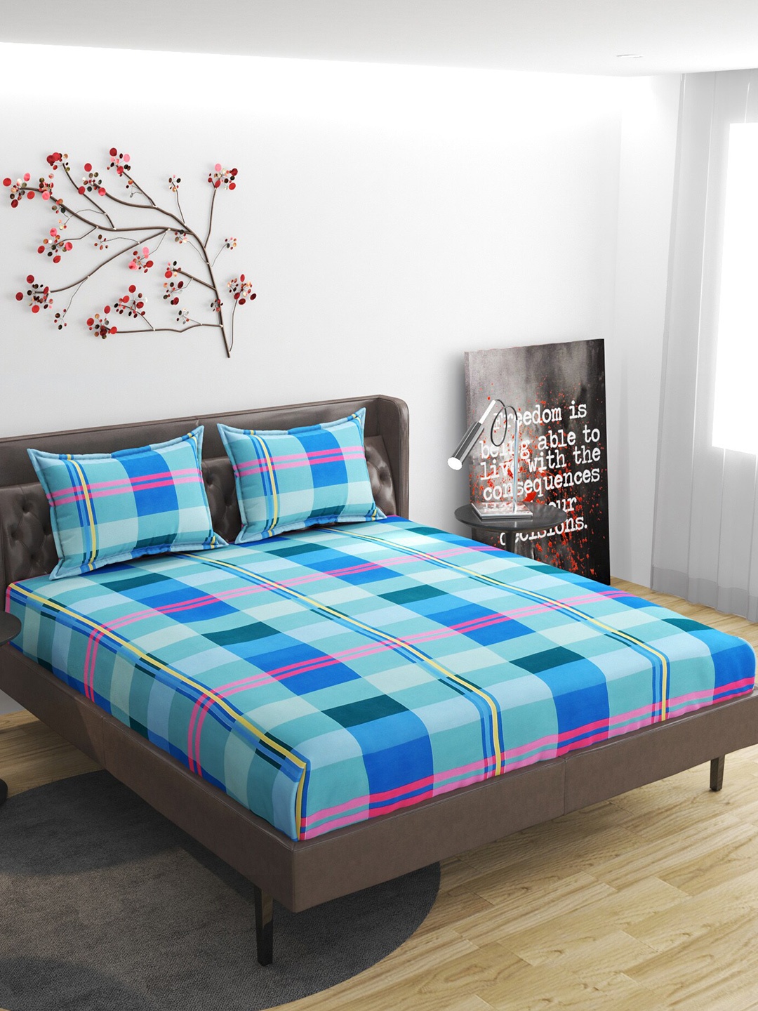 

Molly & Michel Turquoise Blue Geometric 210 TC Fitted Queen Bedsheet With 2 Pillow Covers
