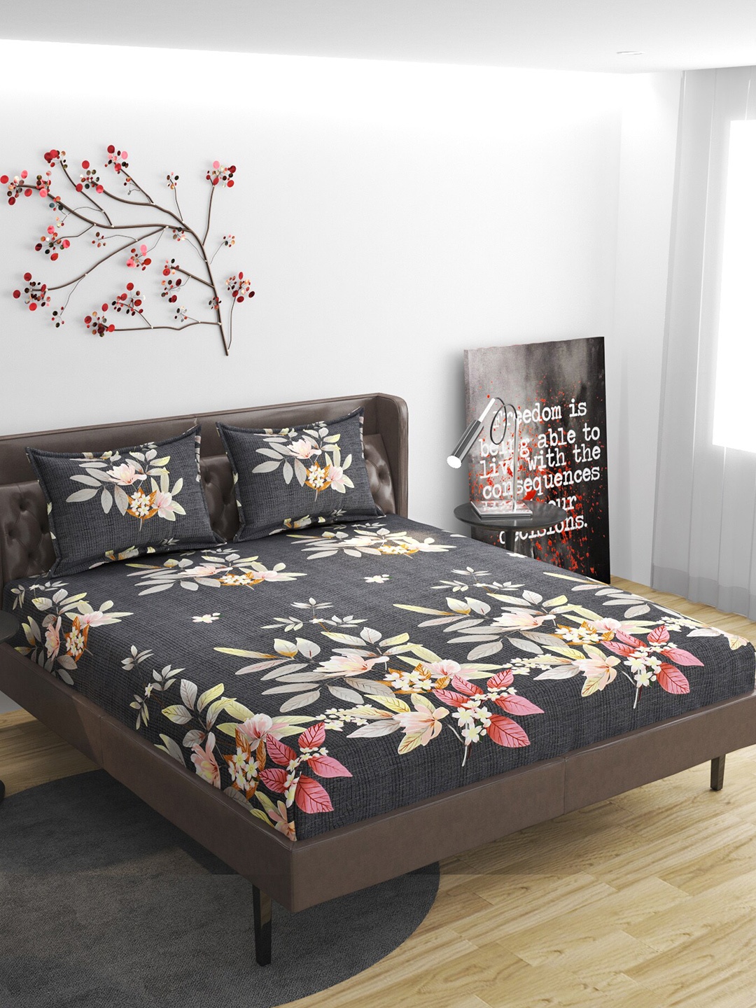 

Molly & Michel Black & Pink Floral 210 TC Fitted Queen Bedsheet with 2 Pillow Covers