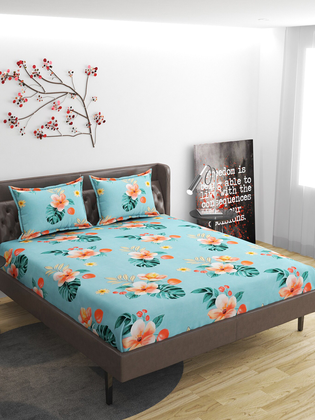 

Molly & Michel Blue & Red Floral 210 TC Fitted Queen Bedsheet With 2 Pillow Covers