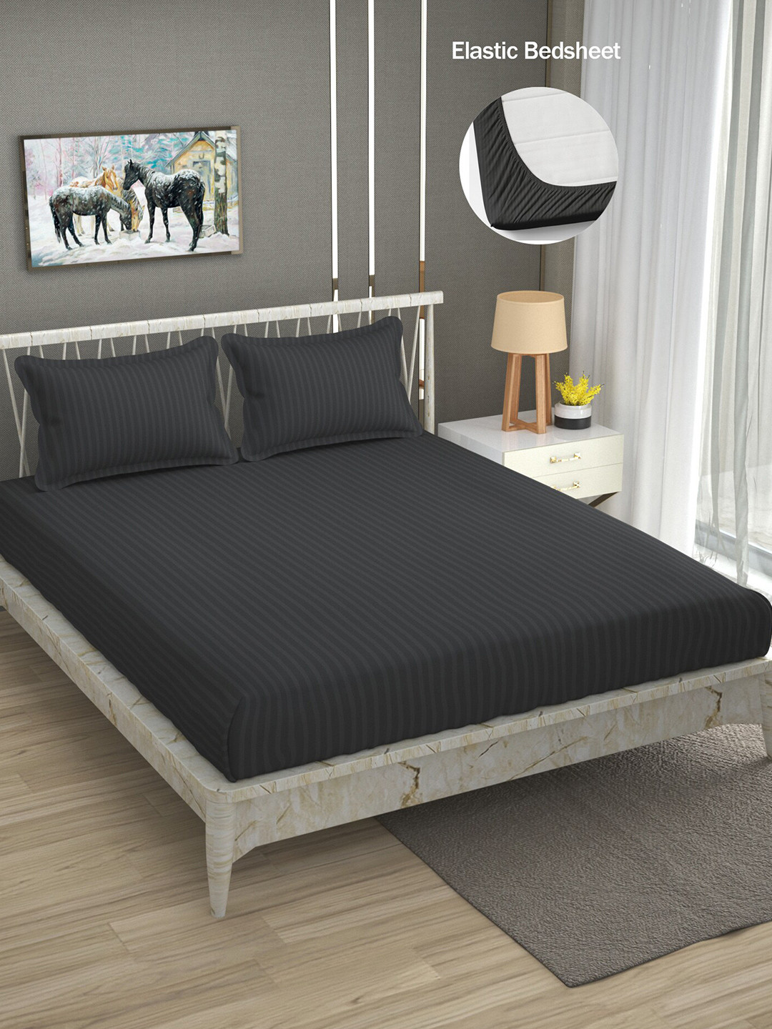 

Molly & Michel Grey Striped 300 TC Fitted Queen Bedsheet with 2 Pillow Covers