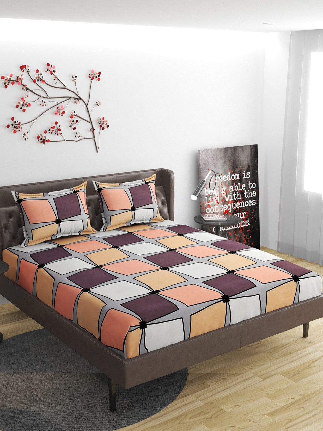 

Molly & Michel Grey & Purple Geometric 210 TC Fitted Queen Bedsheet with 2 Pillow Covers
