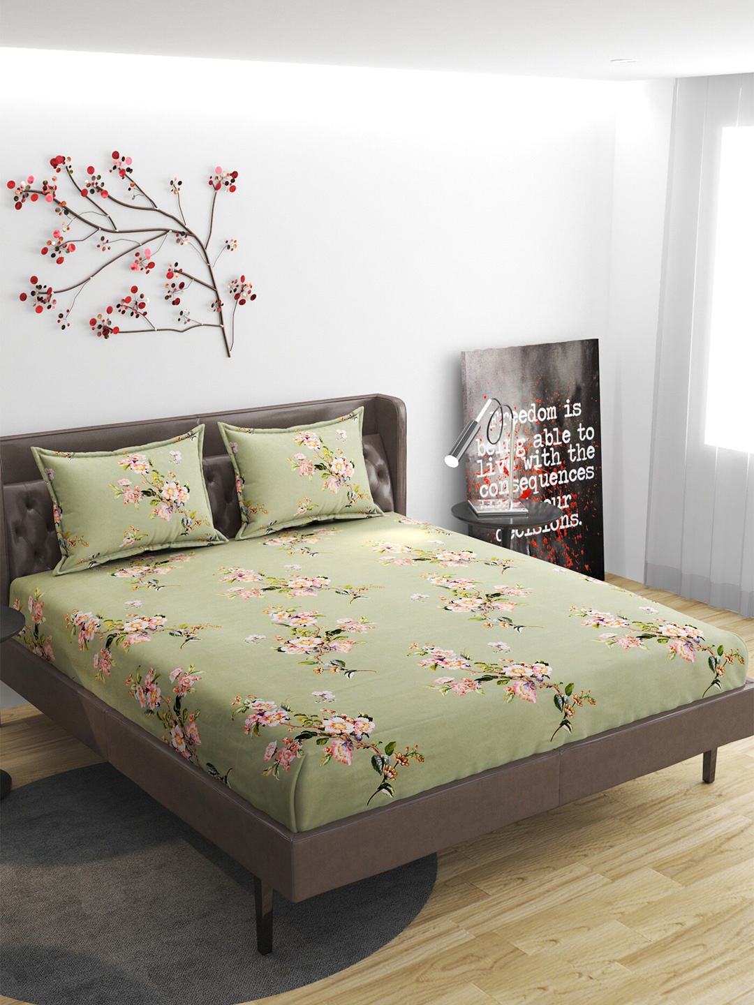 

Molly & Michel Green Floral 210 TC Fitted Queen Bedsheet with 2 Pillow Covers