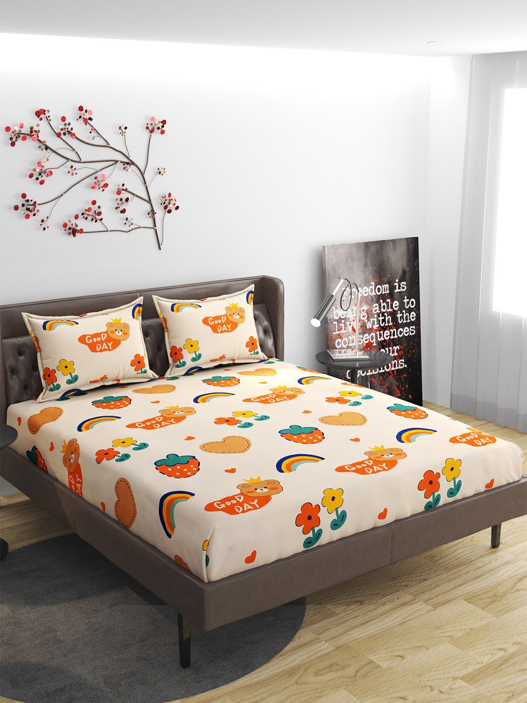 

Molly & Michel Cream-Coloured Printed 210 TC Fitted Queen Bedsheet with 2 Pillow Covers