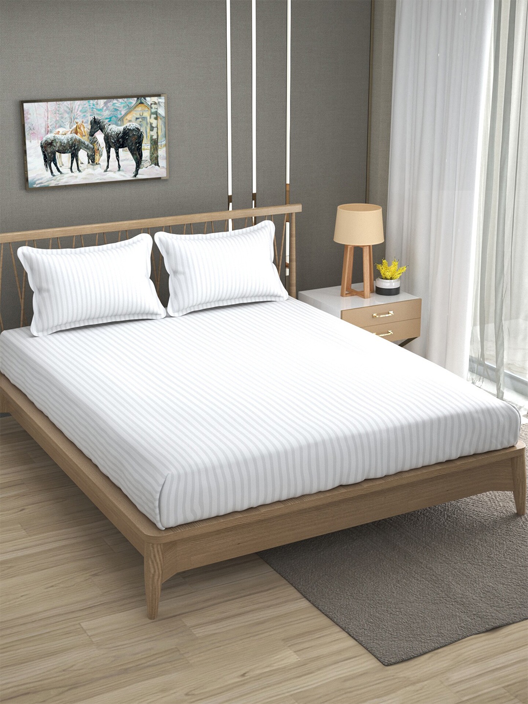 

Molly & Michel White Striped 300 TC Flat Queen Bedsheet with 2 Pillow Covers