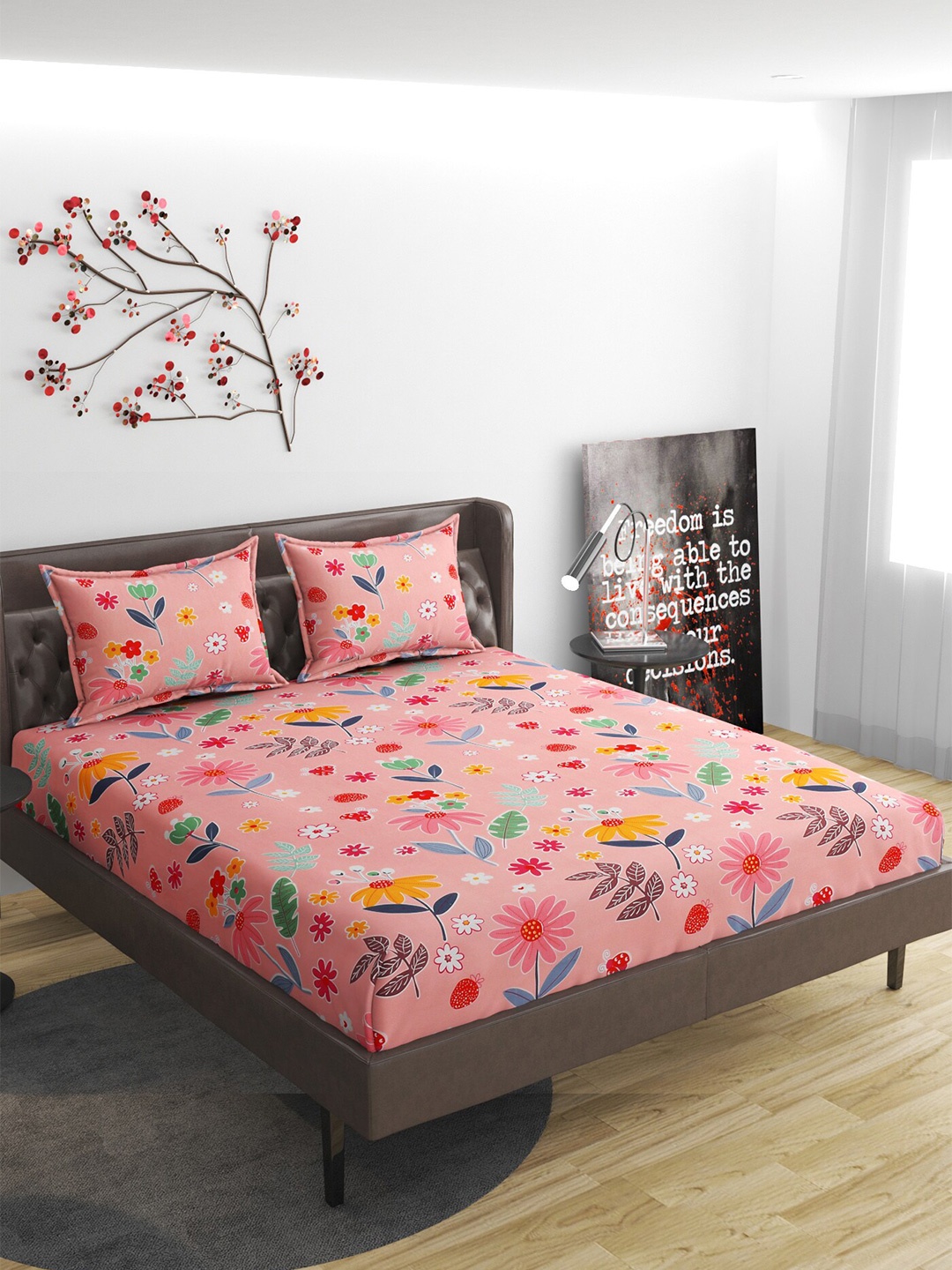 

Molly & Michel Pink Floral 210 TC Fitted Queen Bedsheet with 2 Pillow Covers