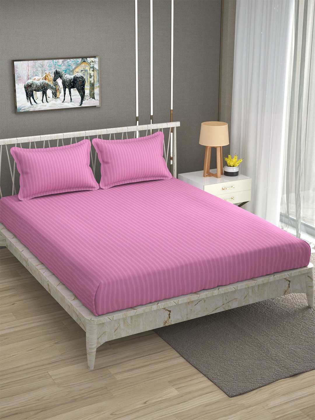 

Molly & Michel Pink Striped 300 TC Flat Queen Bedsheet with 2 Pillow Covers