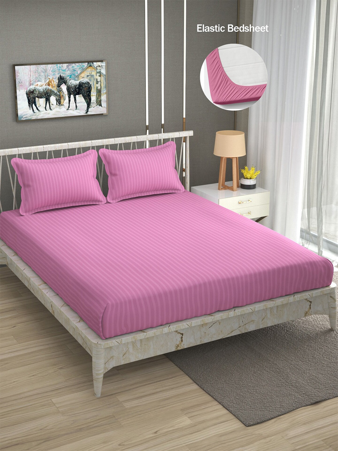 

Molly & Michel Pink Striped 300 TC Fitted Queen Bedsheet with 2 Pillow Covers