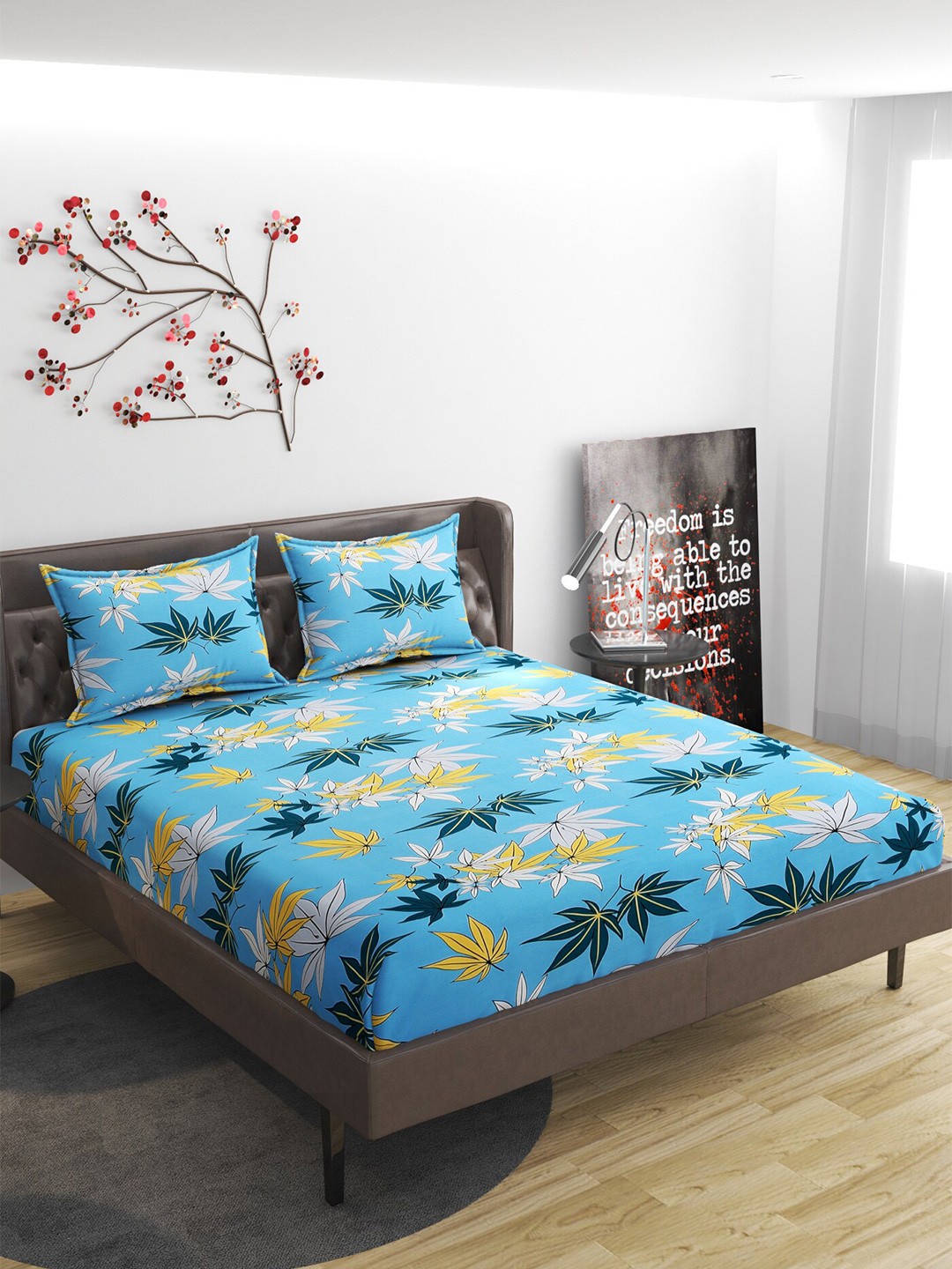 

Molly & Michel Turquoise Blue Floral 210 TC Fitted Queen Bedsheet with 2 Pillow Covers