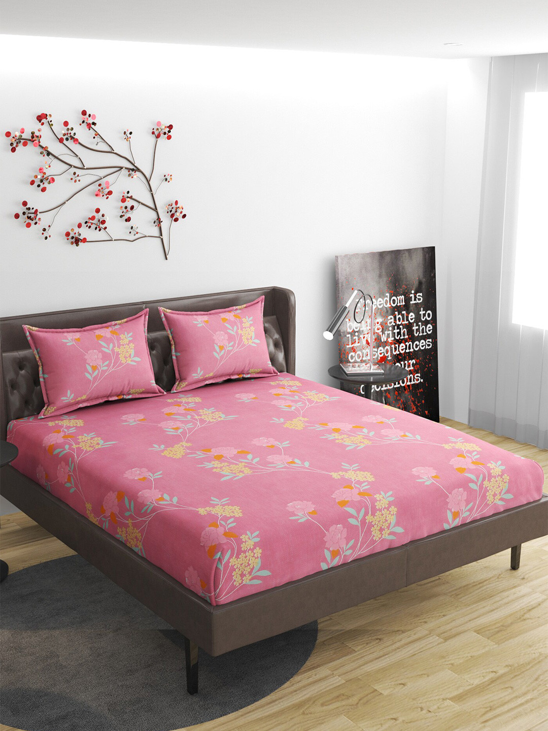 

Molly & Michel Pink Floral 210 TC Queen Fitted Bedsheet with 2 Pillow Covers