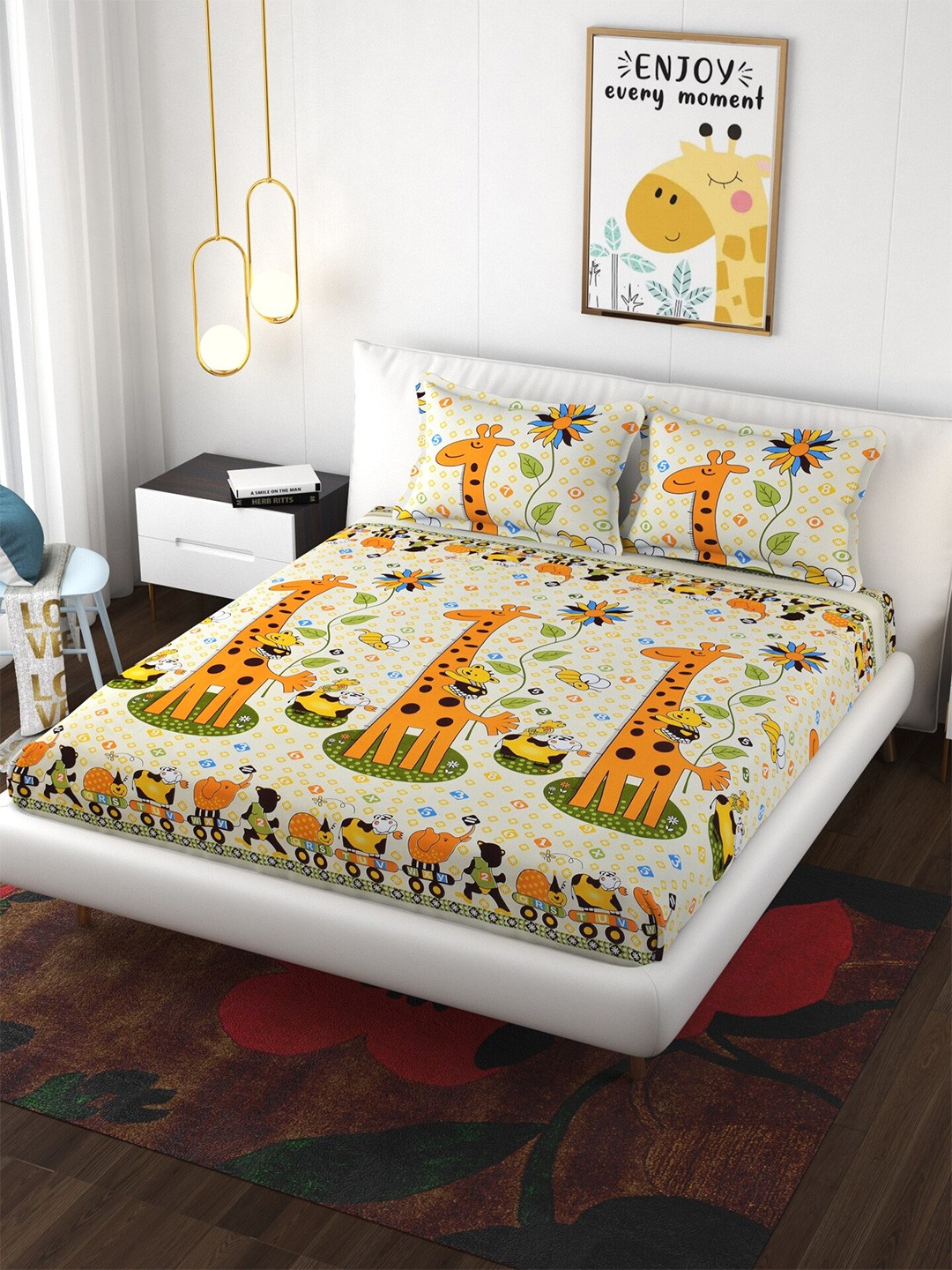 

Molly & Michel Yellow & Green 210 TC Fitted Queen Bedsheet with 2 Pillow Covers