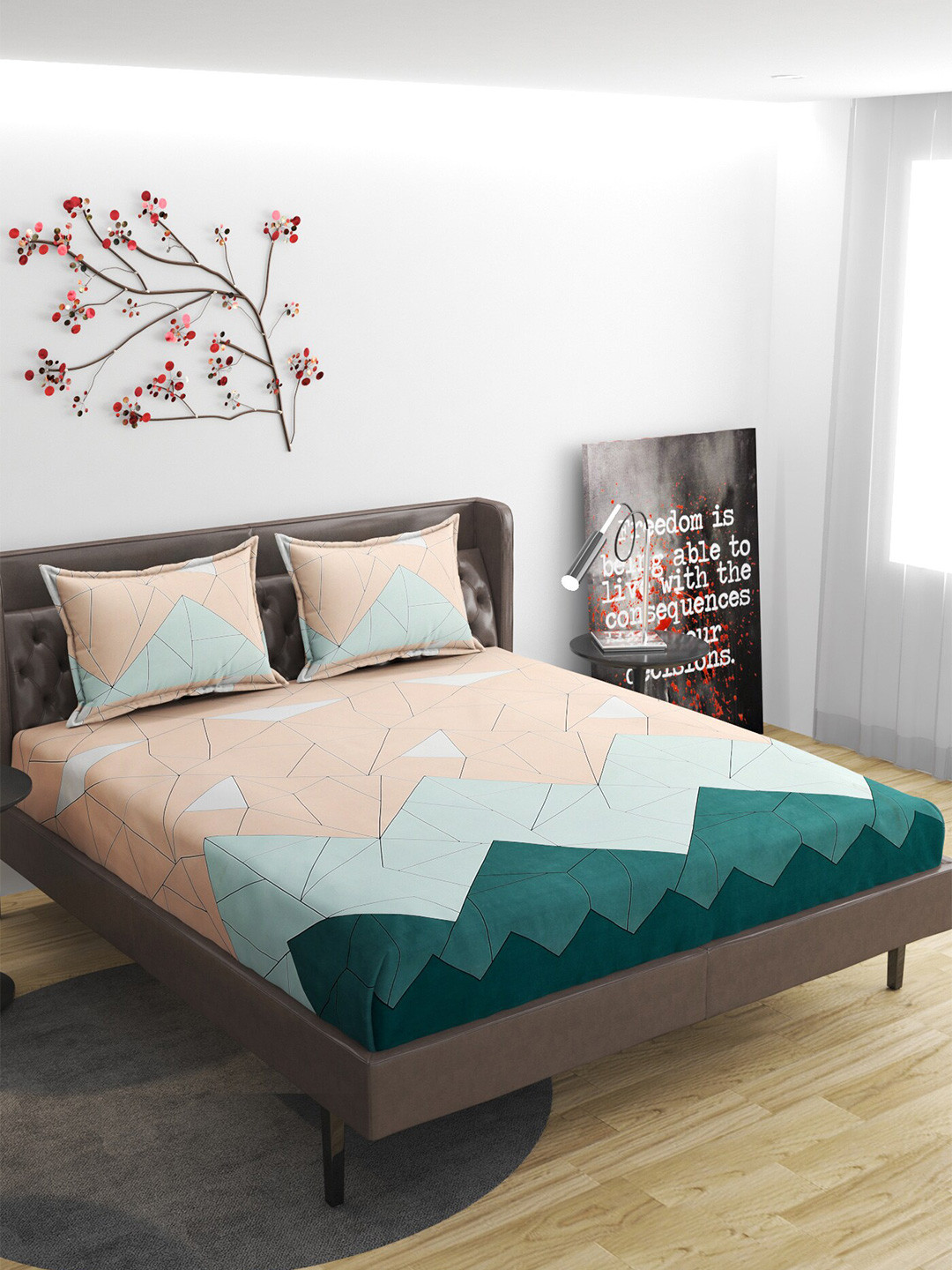 

Molly & Michel Pink & Green Geometric 210 TC Fitted Queen Bedsheet with 2 Pillow Covers