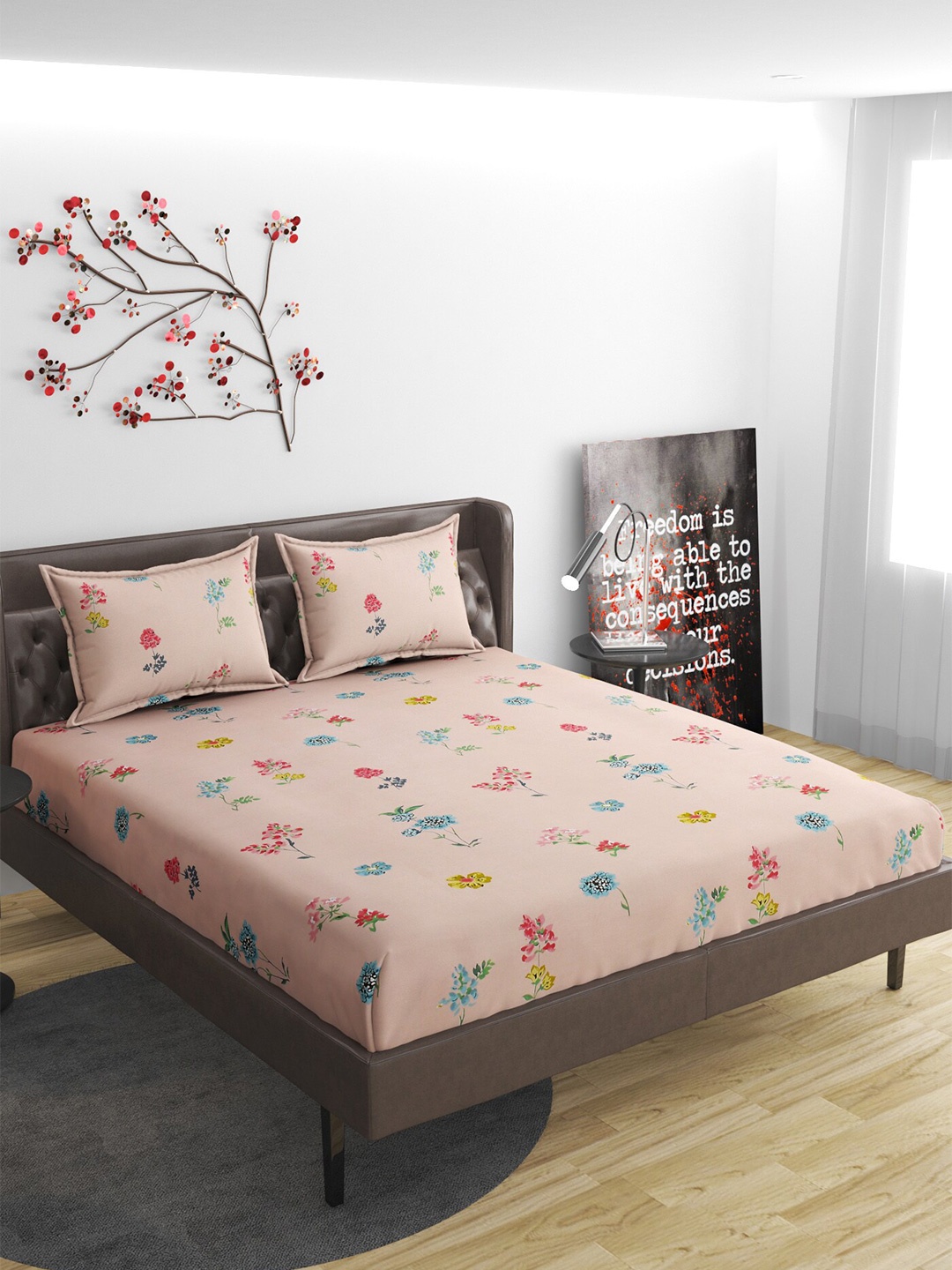 

Molly & Michel Pink & Blue Floral 210 TC Fitted Queen Bedsheet With 2 Pillow Covers