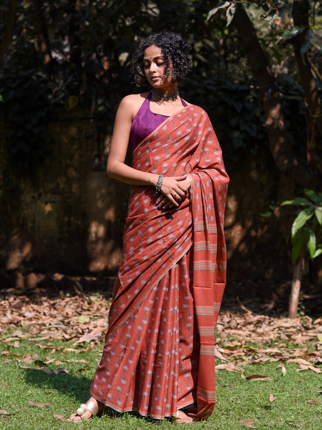 

Suta Floral Printed Pure Cotton Saree, Tan