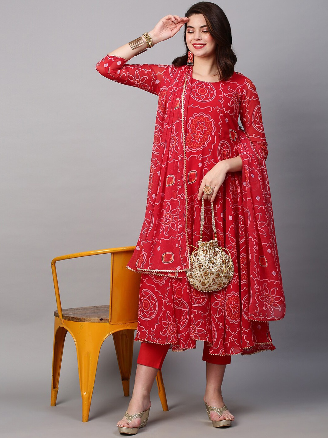 

KALINI Bandhani Printed Kurta with Trousers & Dupatta, Red