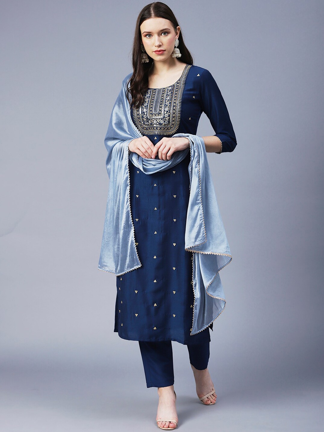 

KALINI Women Ethnic Motifs Embroidered Thread Work Kurta with Trousers & Dupatta, Navy blue
