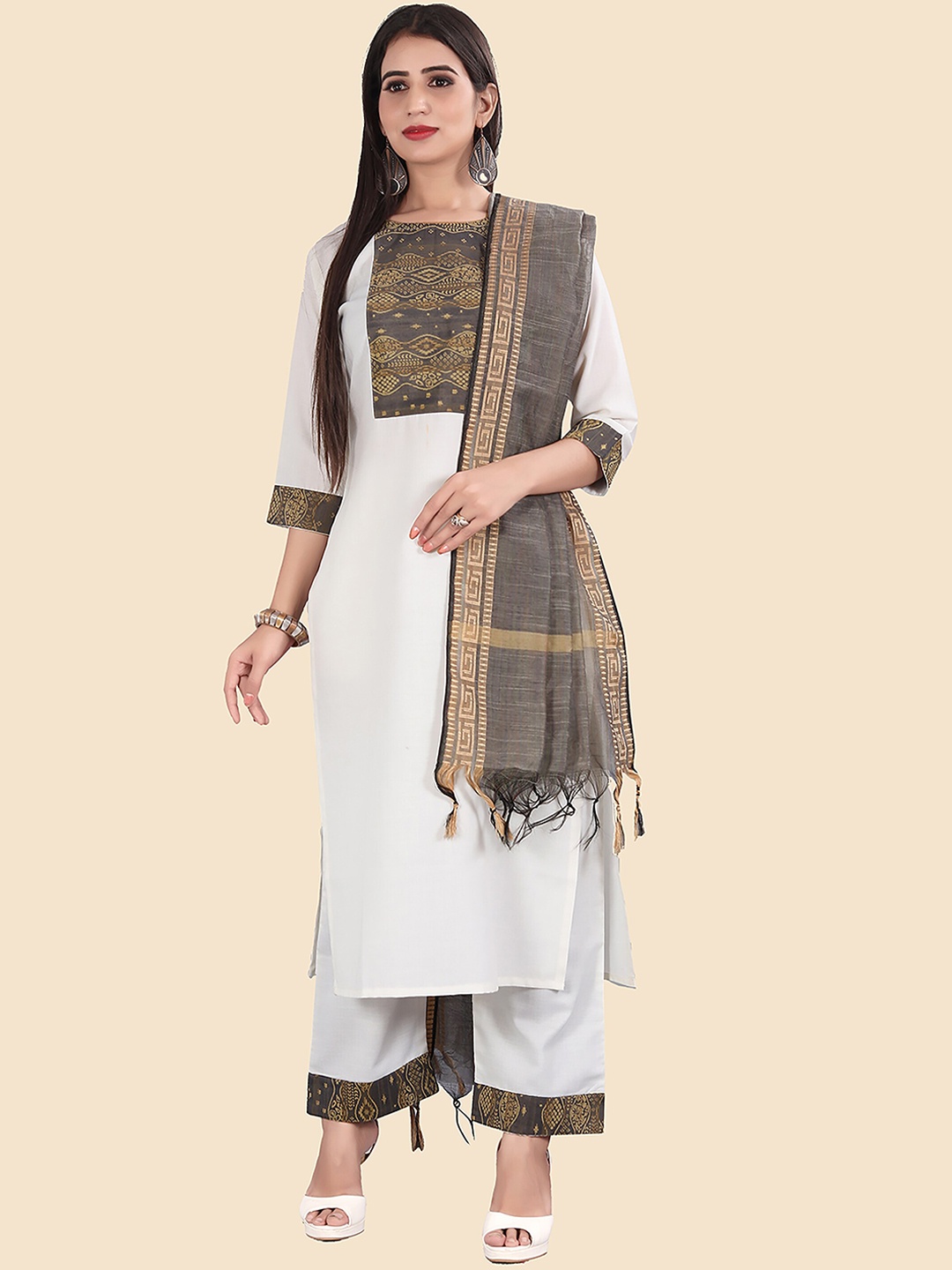 

KALINI Women Yoke Design Round Neck Pure Cotton Kurta with Palazzos & Dupatta, White