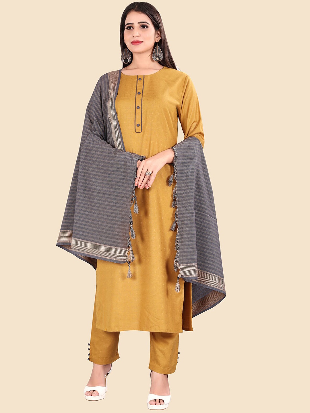 

KALINI Thread Work Pure Cotton Kurta with Trousers & With Dupatta, Mustard