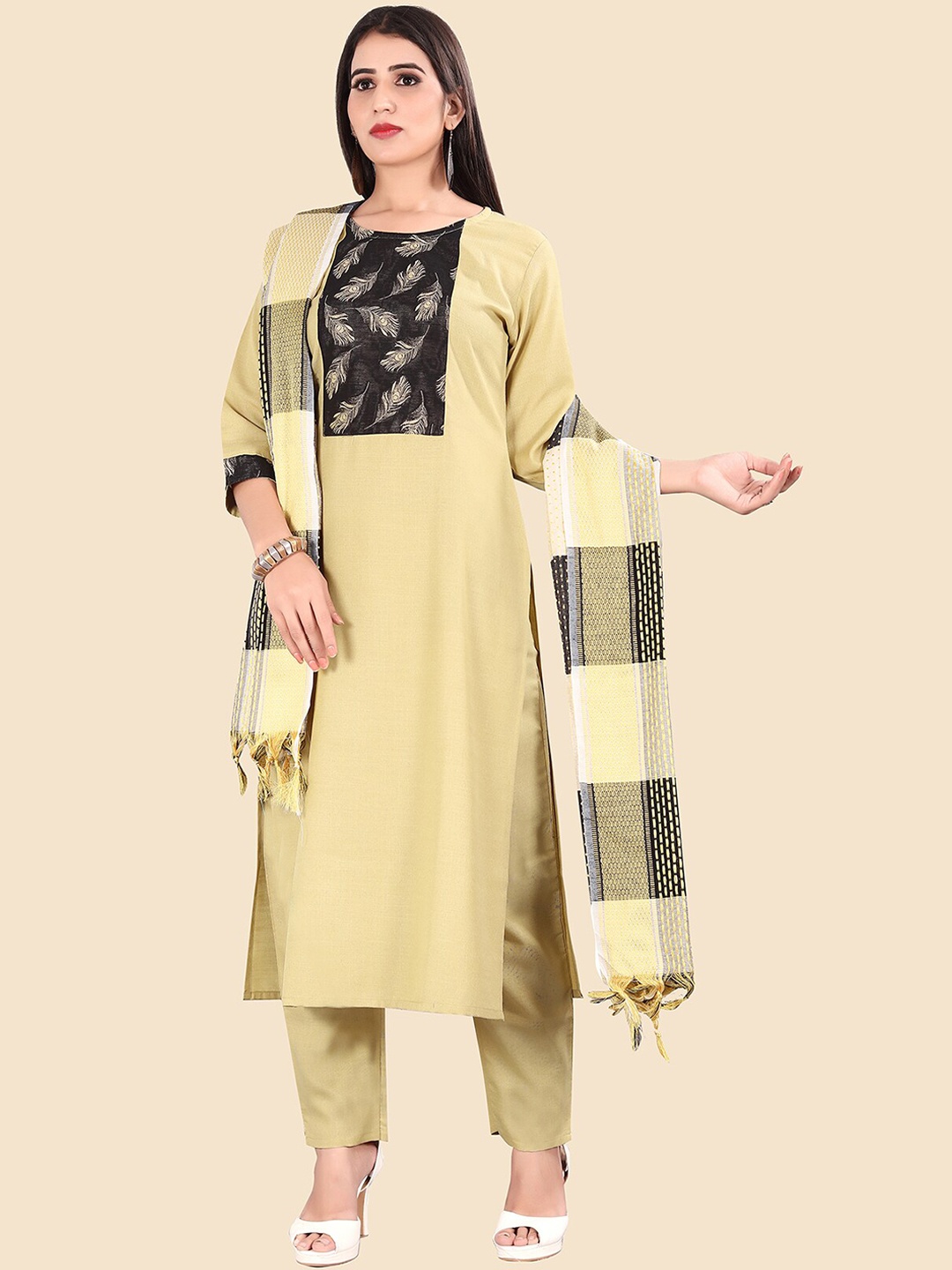 

KALINI Floral Printed Pure Cotton Kurta with Trousers & Dupatta, Beige