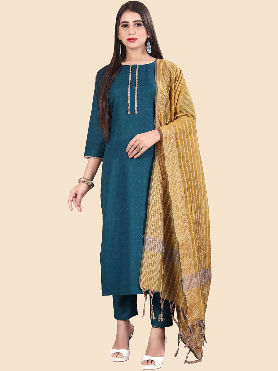 

KALINI Gotta Patti Pure Cotton Kurta with Trousers & Dupatta, Blue