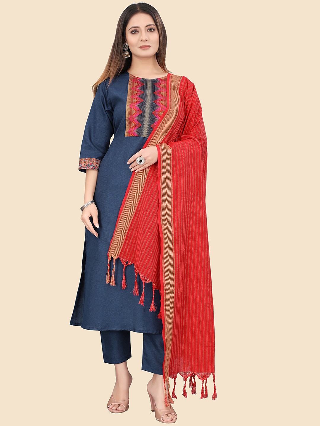 

KALINI Women Yoke Design Round Neck Pure Cotton Kurta with Trousers & Dupatta, Blue