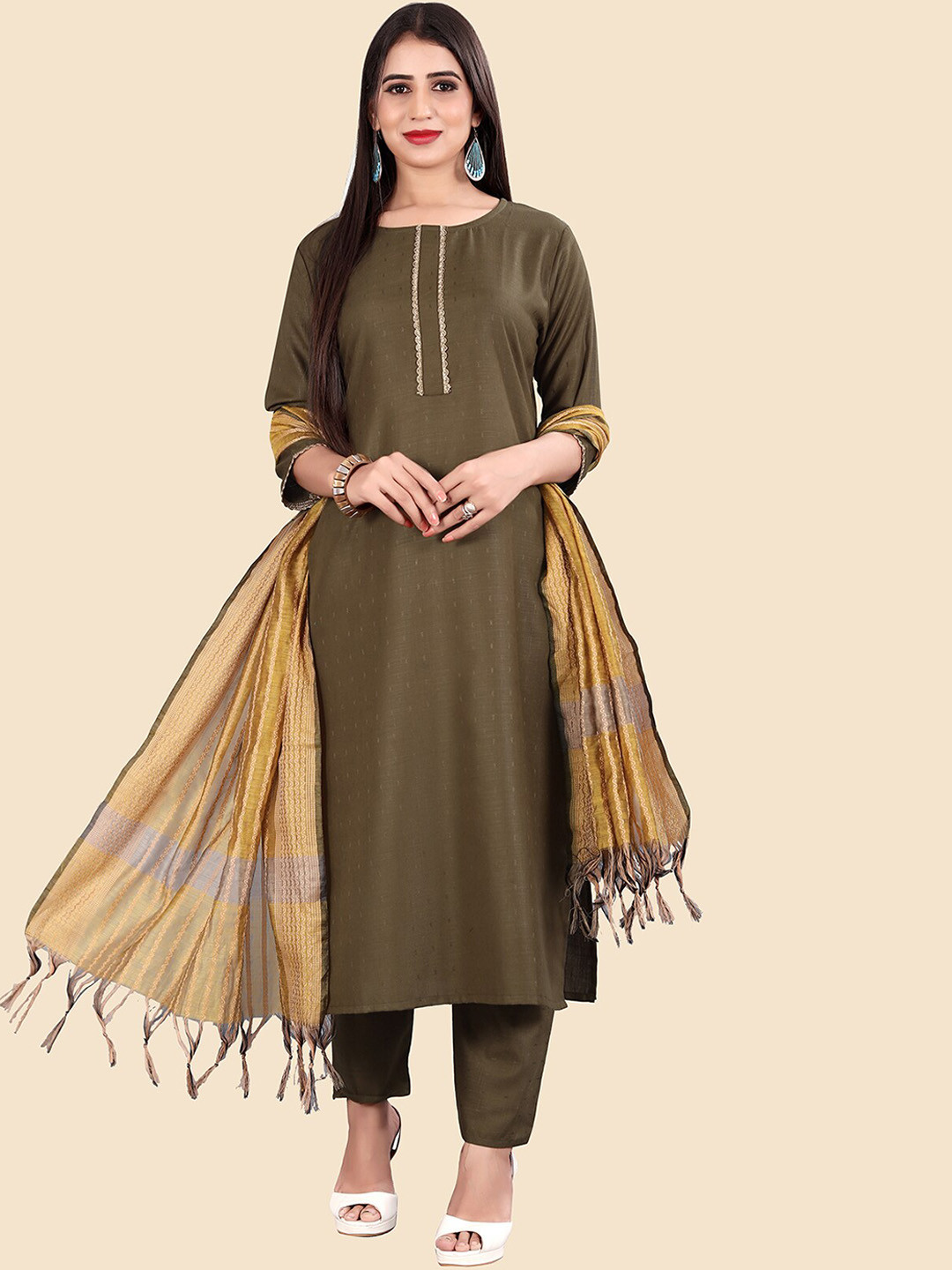 

KALINI Thread Work Pure Cotton Kurta with Trousers & With Dupatta, Olive