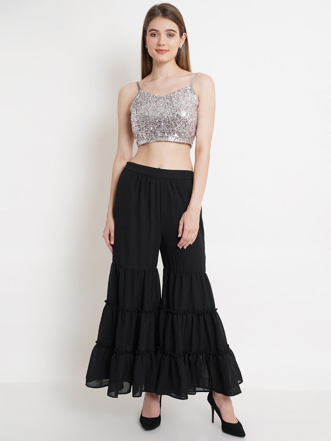

Purple State Women Shoulder Straps Sequinned Top with Sharara, Silver