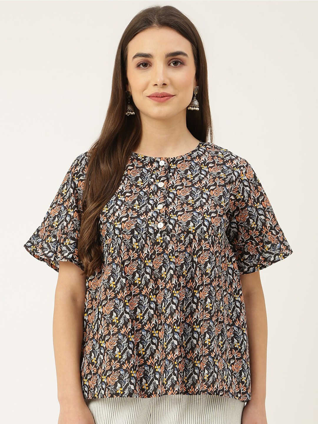 

DECKEDUP Floral Print Cotton Top, Black