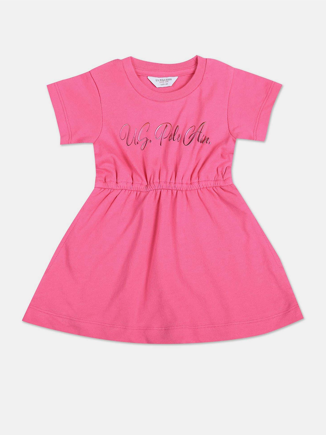 

U.S. Polo Assn. Kids Girls Typography Printed Gathered Pure Cotton A-Line Dress, Pink