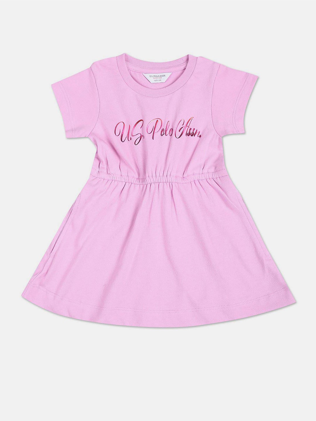 

U.S. Polo Assn. Kids Girls Typography Printed Gathered Pure Cotton A-Line Dress, Lavender