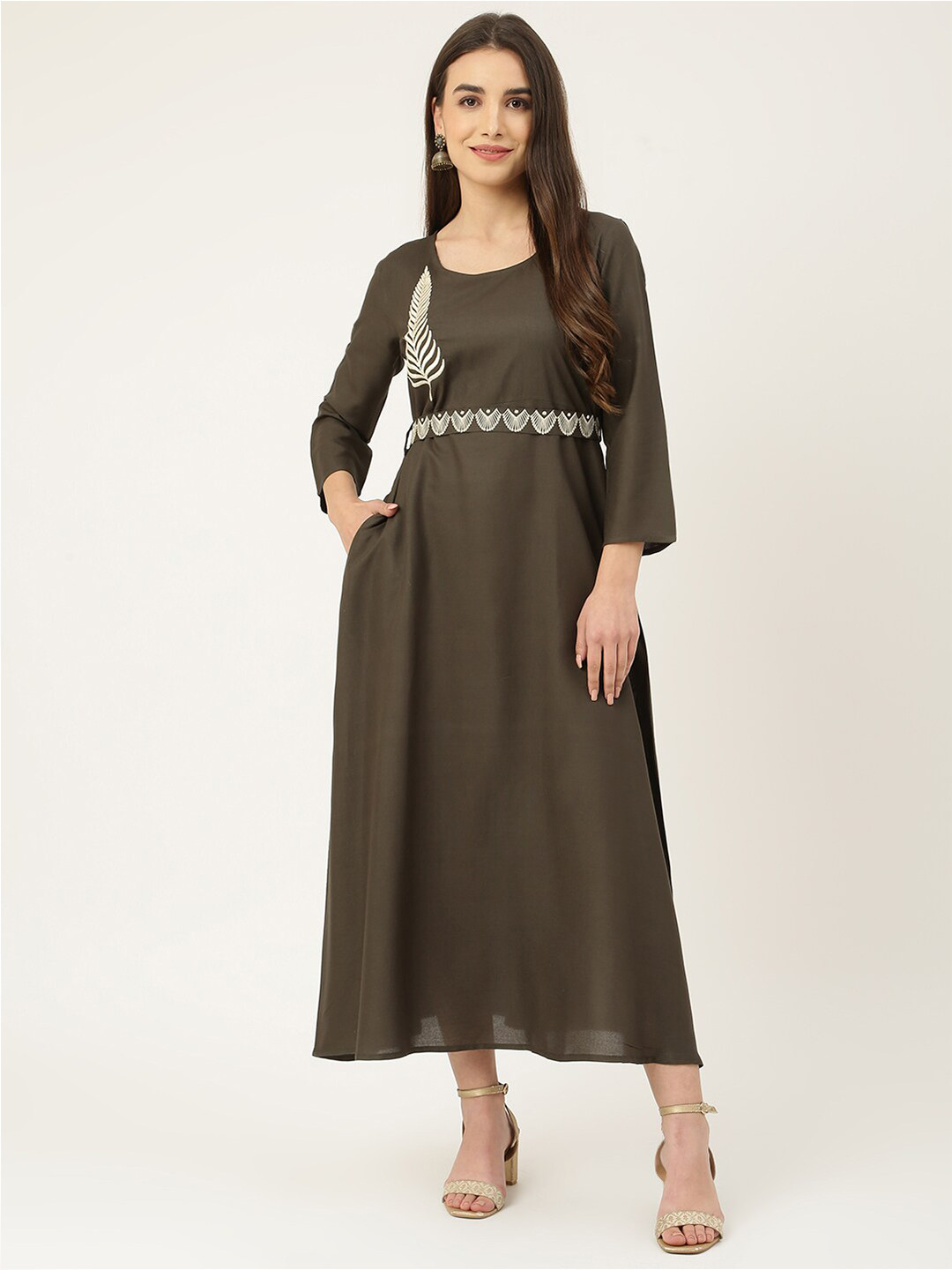 

DECKEDUP Embroidered Detailed A-Line Maxi Dress, Olive