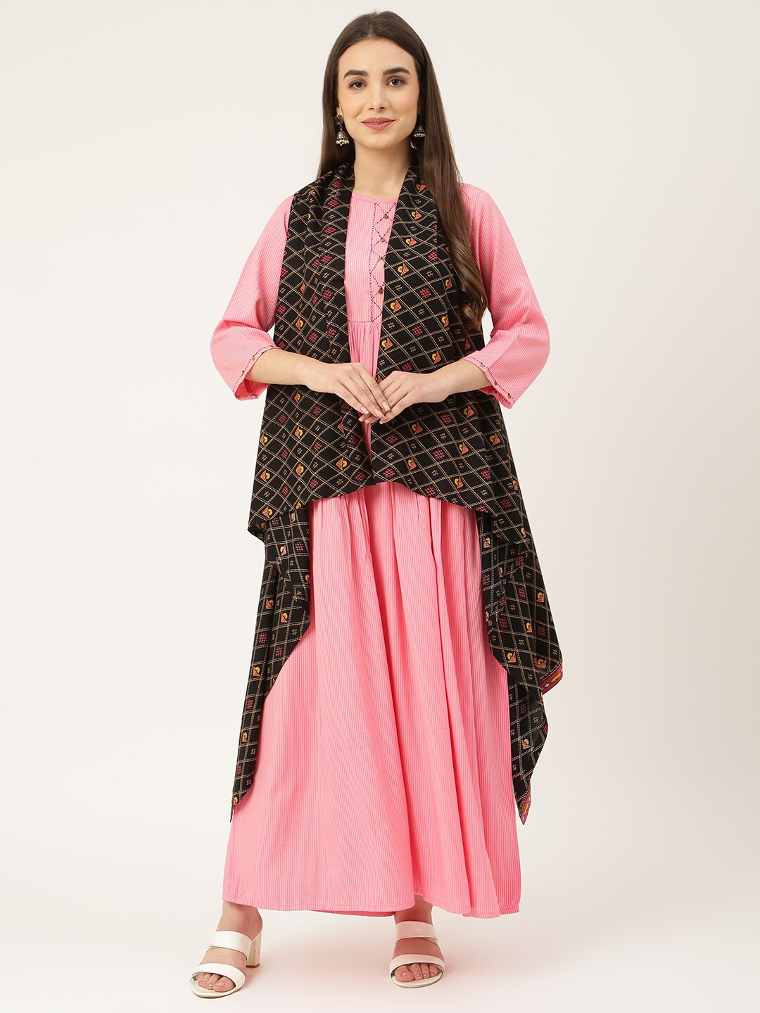 

DECKEDUP Maxi Cotton Fit & Flare Dress with Shrug, Pink