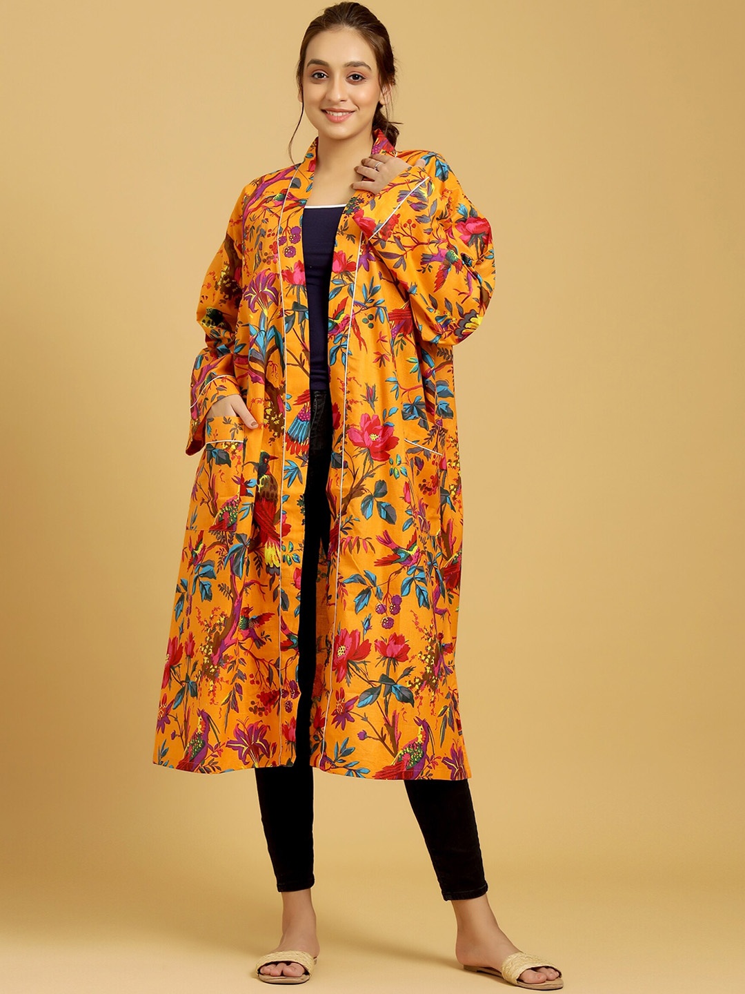 

HANDICRAFT PALACE Women Printed Pure Cotton Bath Robe With Belt, Orange