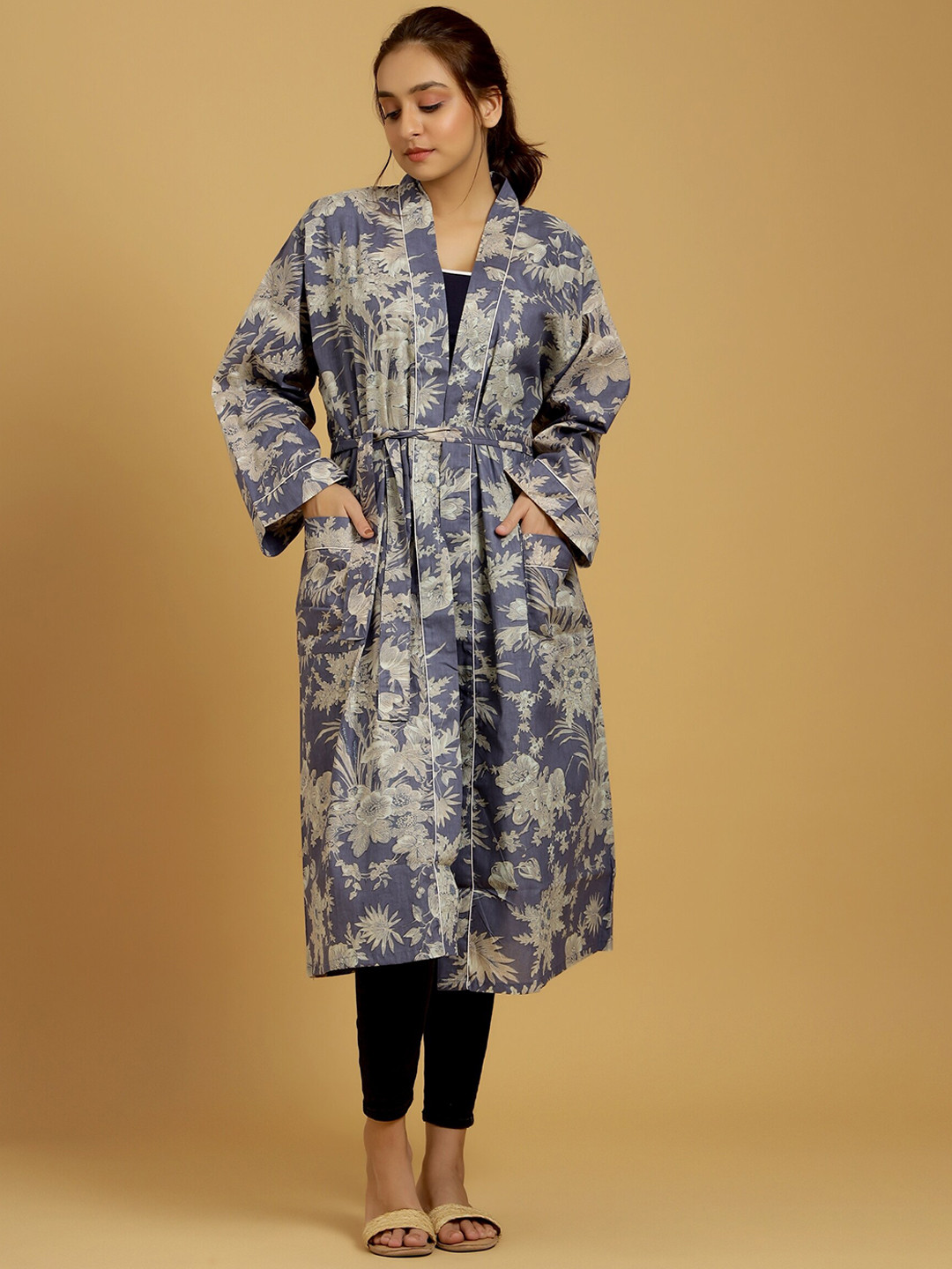 

HANDICRAFT PALACE Women Grey Floral Printed Pure Cotton Bath Robe With Belt, Blue