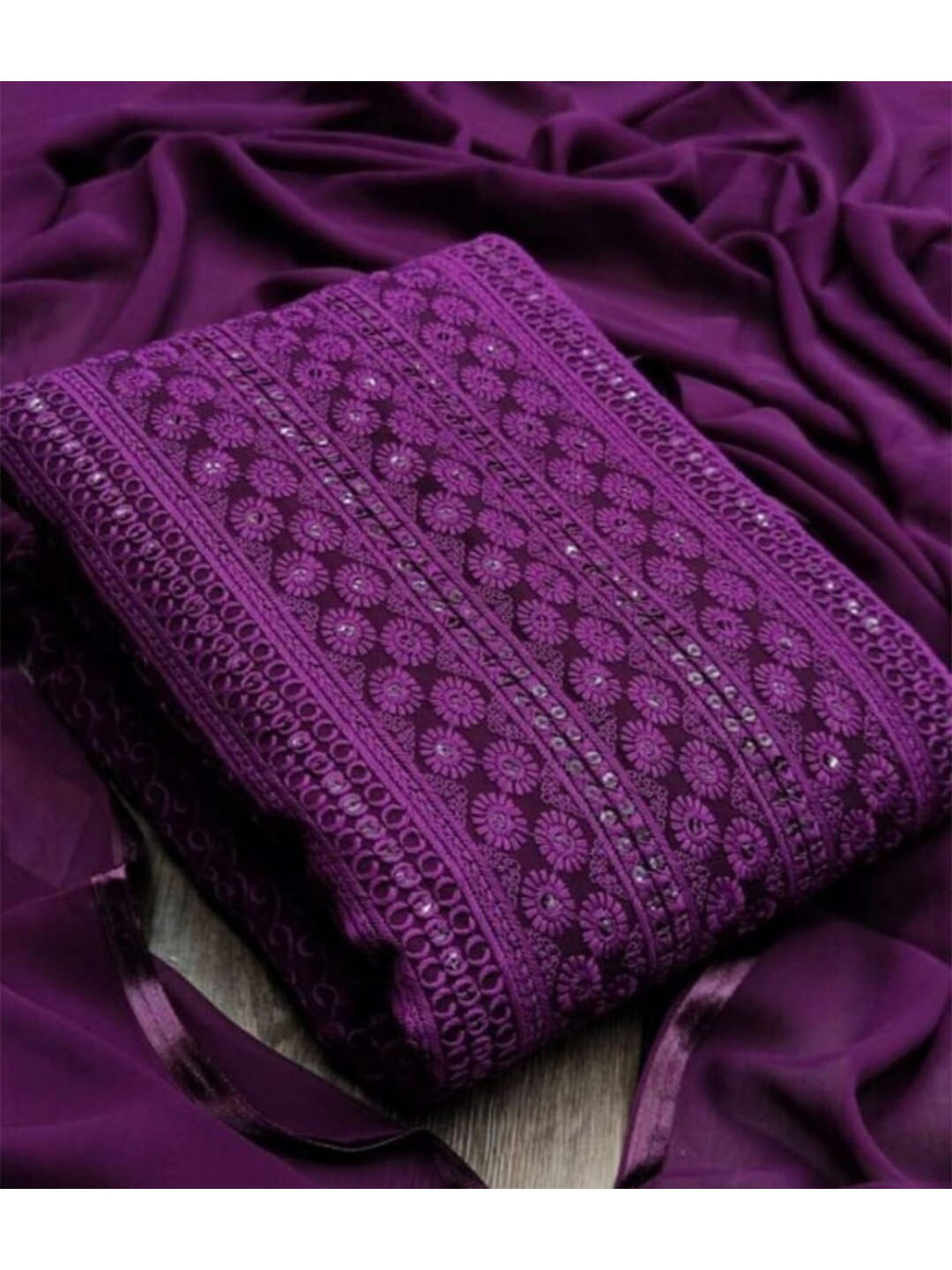 

KALINI Purple & Silver-Toned Embroidered Unstitched Dress Material