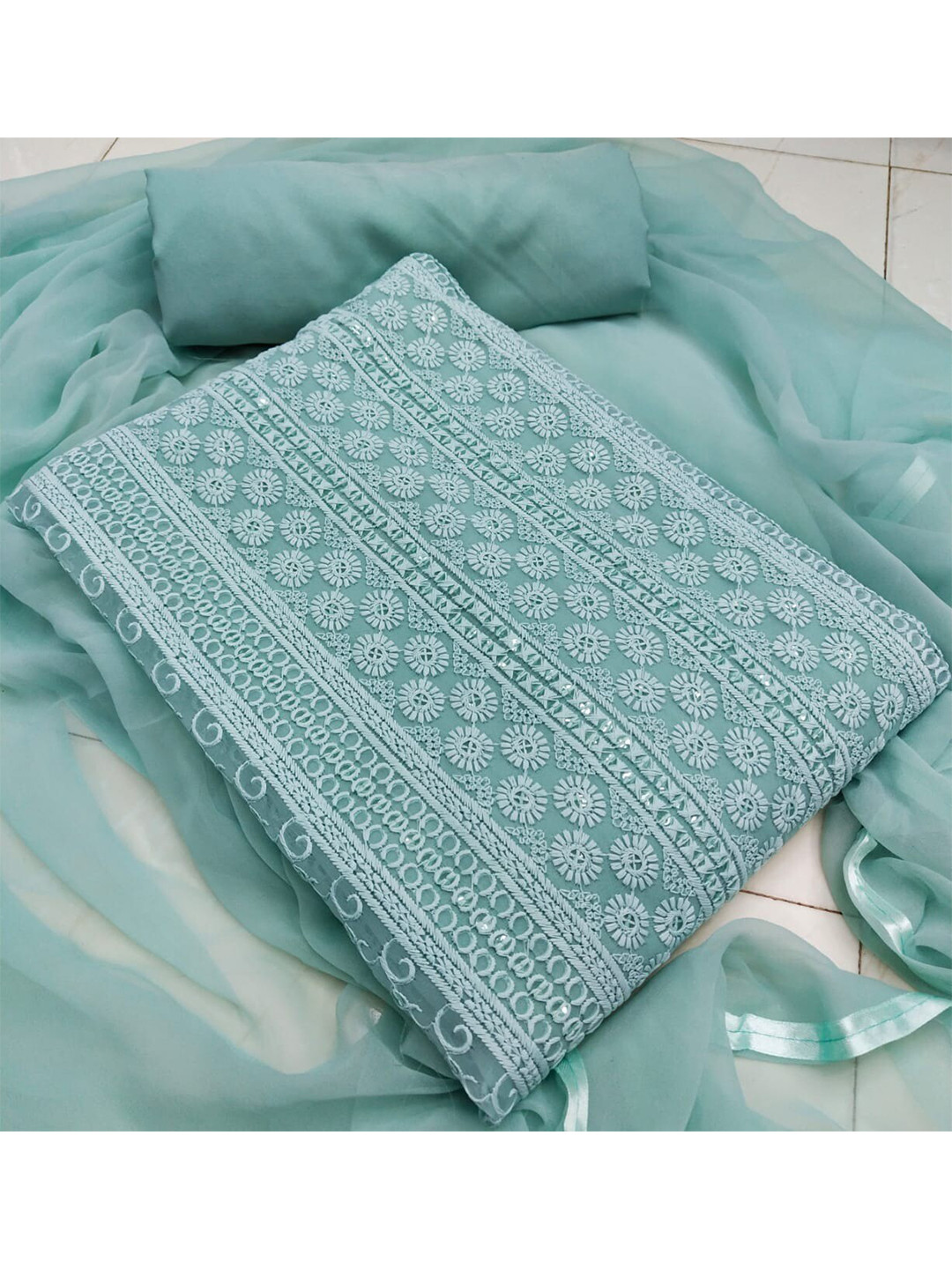 

KALINI Turquoise Blue Embroidered Unstitched Dress Material
