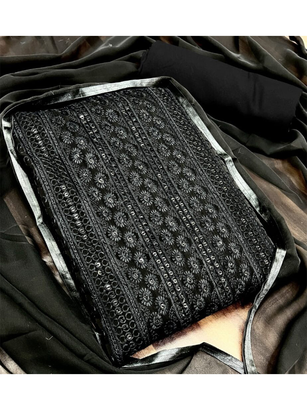

KALINI Black Embroidered Unstitched Dress Material